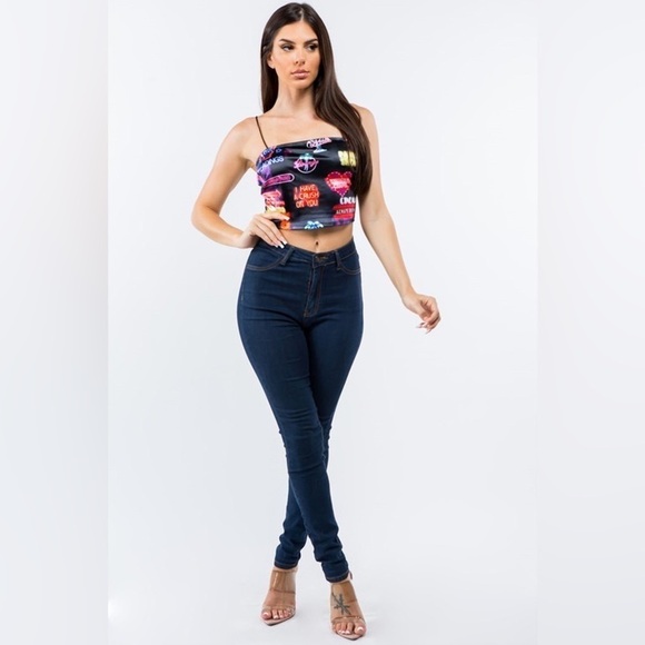 Bear Dance Vegas Light Neon Sign Influencer Printed Satin Sleeveless Crop Top - Picture 3 of 6